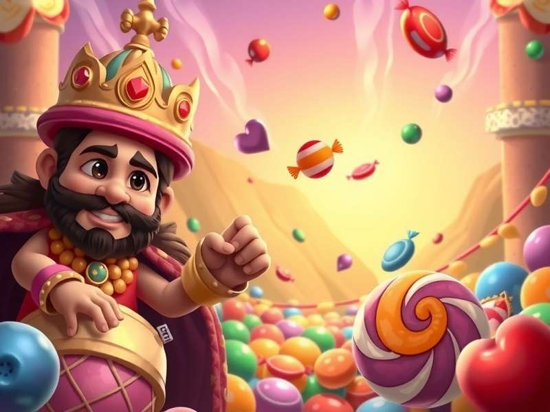 Candy Crush Saga King holding a crown made of striped candies and boosters