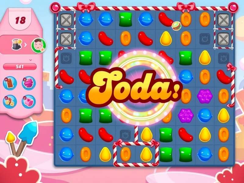 Candy Crush Soda Saga gameplay showing soda bottles, purple candies, and gummy bears