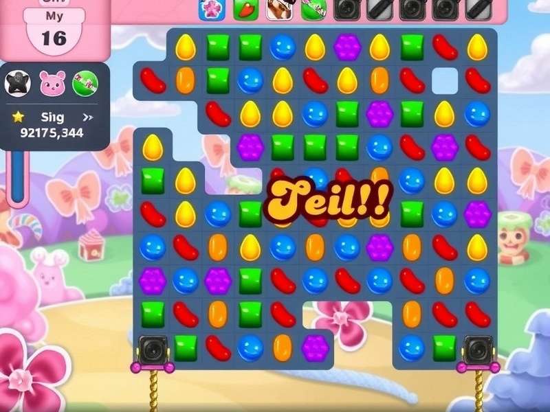 Colorful Candy Crush Saga game board with striped candies and chocolate