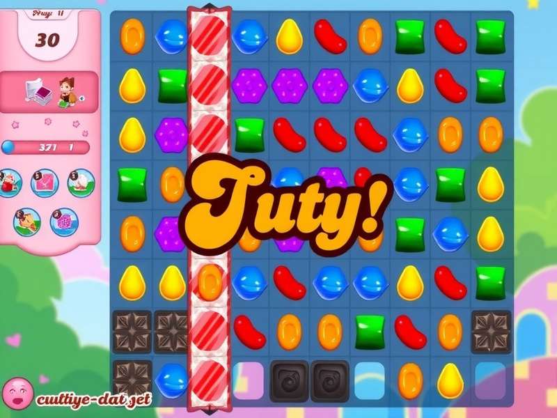 Advanced Candy Crush Saga board showing complex striped and wrapped candy combinations