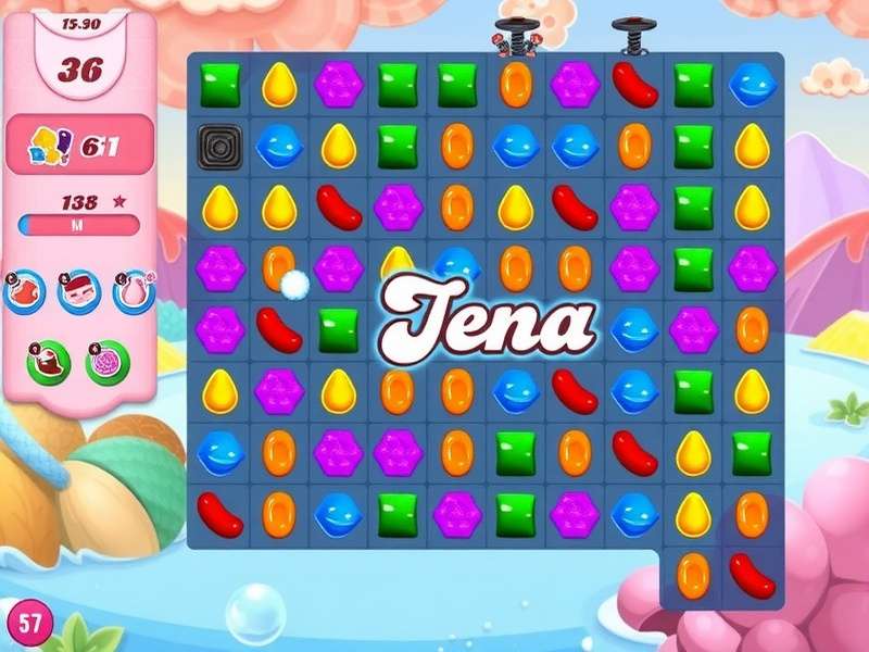 Candy Crush Soda Saga gameplay screenshot showing colorful candies and soda bottles