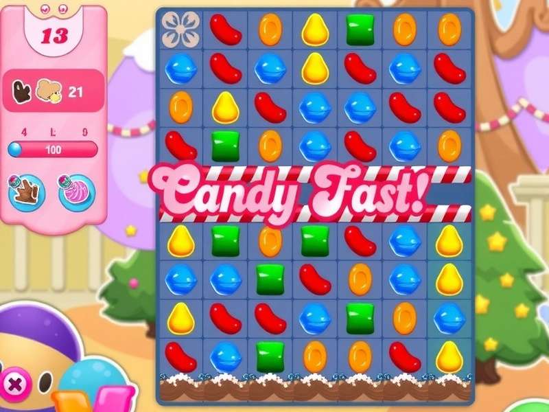Screenshot of festive Candy Cane Crush levels with candy canes and snow
