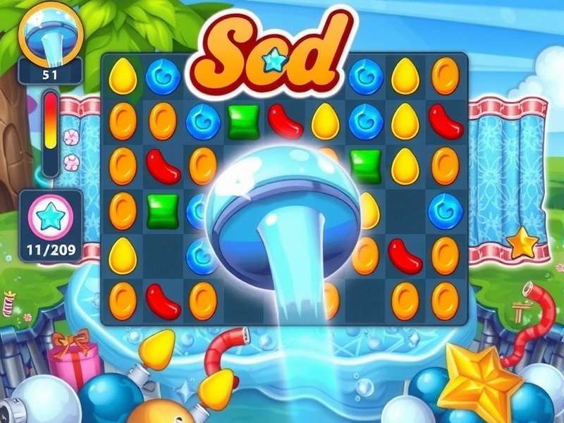 Colorful soda bottles and bubbles in a Soda Crush Saga level