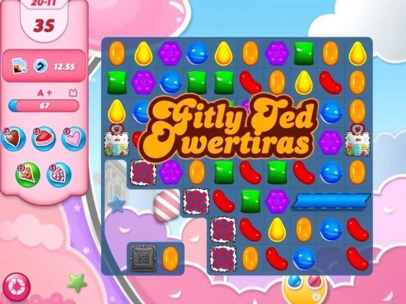 Close-up of a smartphone showing a complex Candy Crush Saga level with special candies