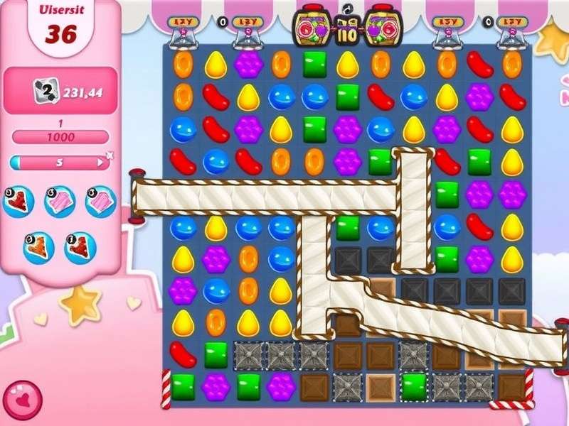 Candy Crush Saga game board with colorful candies and boosters power-ups