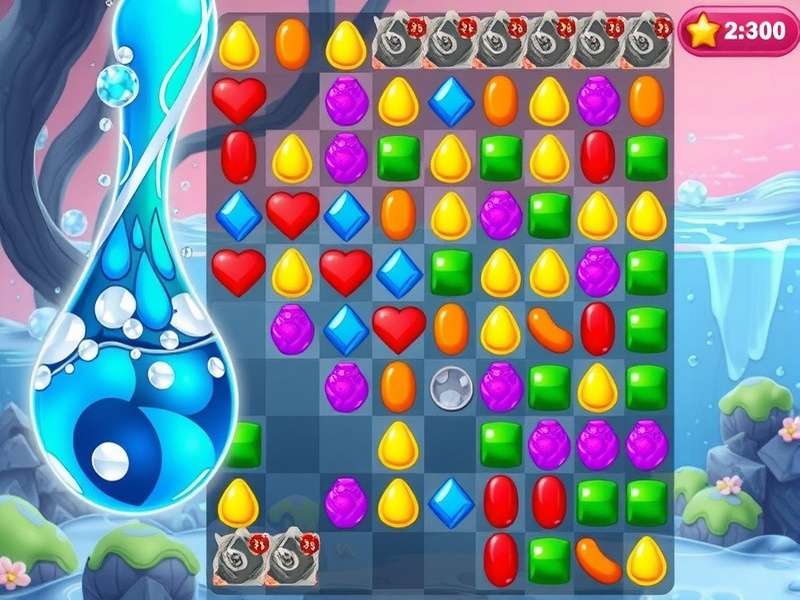 Soda Crush gameplay showing colorful candies, soda bottles, and sparkling effects on a pastel board