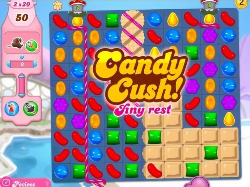 Candy Crush Saga gameplay with colorful candies, boosters and special candies on a vibrant board